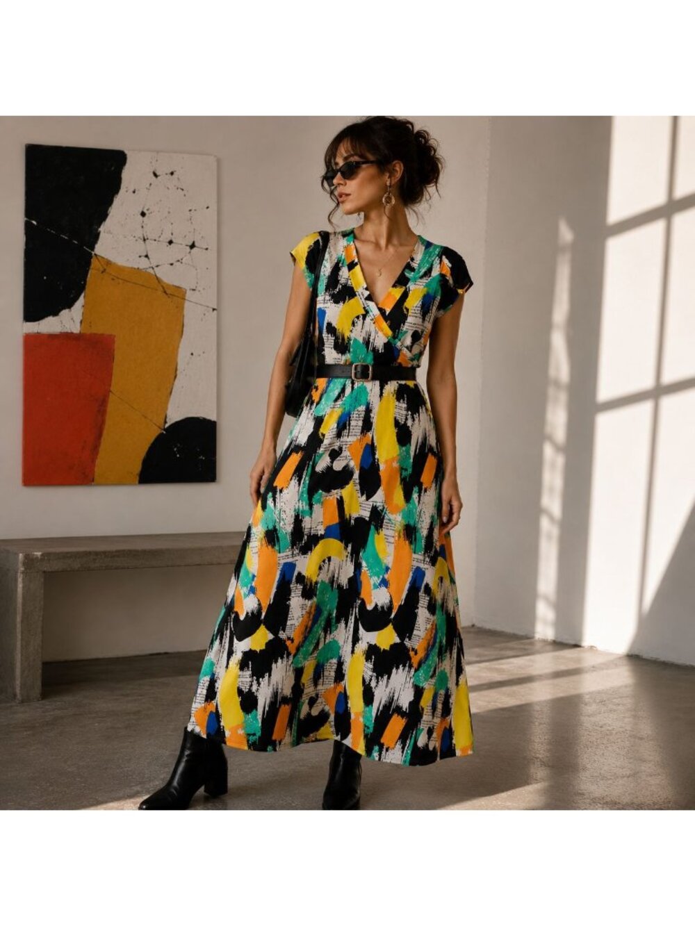 Vintage Abstract Art Print Maxi Dress 90 Artsy Wearable Art Statement Maximalist